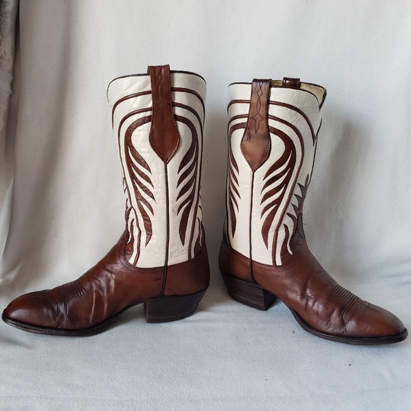 SOLD ❌Vintage Dan Post Western Boots Ivory Custom Shafts Brown Cognac Leather - Picture 5 of 16